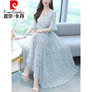皮爾卡丹輕奢高檔女裝 收腰碎花連衣裙女夏2021新款氣質(zhì)V領(lǐng)短袖顯瘦雪紡仙女裙大擺長(cháng)裙針織 淺藍色 XL