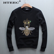 hteec香港潮牌秋冬季加絨衛(wèi)衣新款男士修身圓領(lǐng)衣服燙鉆小蜜蜂圖案休閑 黑色 L