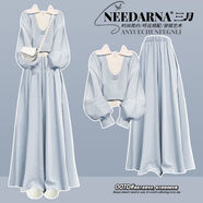 SELILECO冬天衣服套裝女胖子穿搭一整套大碼女裝高端胖妹妹秋冬季2024新款 藍色毛衣杏色背心藍裙褲 三件套 M 建議80-100斤