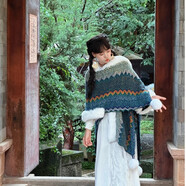 嬈蝶民族風(fēng)披肩女云南麗江大理西藏旅游網(wǎng)紅洋氣保暖斗篷披風(fēng)外搭 大毛領(lǐng)-藍(lán)拼綠