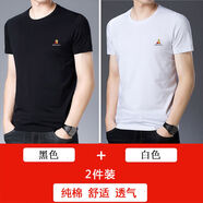 稻草人（MEXICAN）新款男士短袖T恤中年男裝夏季寬松純棉半袖純色體恤衫衣服夏天男 黑色+白色  XL 建議145-160斤