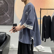 WALF設(shè)計(jì)感T恤男7分袖潮牌寬松大碼百搭網(wǎng)紅火鑲邊袖學(xué)生上衣休閑 灰色 【主圖款】 XL
