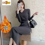 初徑針織連衣裙女2025秋冬港味氣質(zhì)交叉V領(lǐng)系帶修身顯瘦打底毛線裙子 灰色【加厚不加絨-適合冬天穿】 L【建議105-115斤】