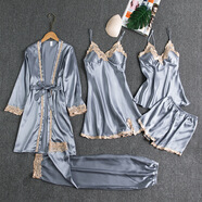 聯(lián)薇 睡衣女夏冰絲吊帶裙性感兩件套睡裙帶胸墊睡袍仿真絲家居服套裝 五件套【金邊灰藍(lán)】 L碼（體重105-115斤)
