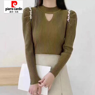 皮爾卡丹（pierre cardin）2025秋冬新款重工釘珠露鎖骨掛脖泡泡袖針織打底衫毛衣內(nèi)搭上衣女 綠色 S