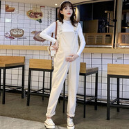 愛蘭婷早春秋季純棉坑條孕婦背帶褲寬松大碼吊帶長褲子打底衫2件套裝 米杏色+白毛衣/套裝 XL 建議130-140斤