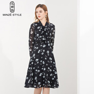 名師路雪紡印花連衣裙女秋季新款飄帶優(yōu)雅甜美長(cháng)袖襯衫裙中長(cháng)裙子 藍色56 M