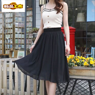 初徑雪紡紗半身裙女夏季印花中長(cháng)款垂感花裙子百褶碎花傘裙半裙a字裙 黑色 均碼 松緊腰1.8-2.5尺