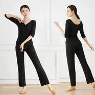 REBE LONA新款舞蹈服女中國舞成人練功服莫代爾黑色形體服藝考現(xiàn)代舞服 002黑色(中袖)+喇叭褲 XL