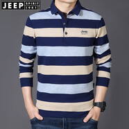 JEEP SPIRIT吉普休閑純棉翻領(lǐng)條紋長(zhǎng)袖t恤男春秋珠地商務(wù)體恤衫繡標(biāo)大碼上衣 灰色8031款 XL (180) /96A建議145-155斤