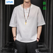 UYUK短袖男冰絲T恤男夏季中國風(fēng)亞麻短袖寬松棉麻半袖V領(lǐng)五分袖上衣潮牌男裝 7025白色 XL