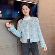 苜戈氣質(zhì)名媛小香風(fēng)粗花呢短款外套2022女秋冬韓版休閑百搭夾克潮 淺綠色【加棉款】 M 建議95-110斤