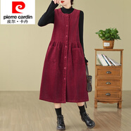 皮爾卡丹（pierre cardin）文藝燈芯絨背心裙女秋冬加厚休閑單排扣疊穿無袖條絨連衣裙小個(gè)子 紅色 M [建議90-105斤]