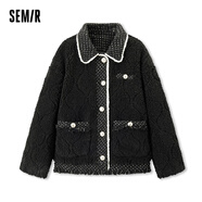 森馬森馬外套女翻領(lǐng)拼接毛絨毛邊氣質(zhì)冬季寬松夾棉夾克小香風(fēng) 黑色調00399 155/80A/S