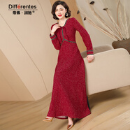 帝弗·潤馳秋冬新款女神范紅色法式連衣裙修身洋氣小香風(fēng)亮絲名媛長(cháng)款連衣裙 暗紅色 M