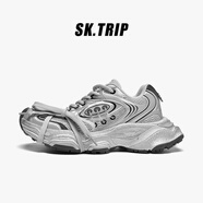 SK·TRIP男鞋老爹鞋男春夏新款復(fù)古風(fēng)休閑鞋百搭透氣厚底運(yùn)動(dòng)鞋子男女同款 太空銀（綁帶款） 35