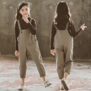 奧米鼠童裝女童套裝春秋中大兒童長(cháng)袖T恤背帶褲休閑衣服校服女孩兩件套 灰色 120 建議身高110-120CM