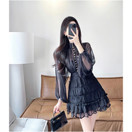 她芙（tafu）品牌女裝雪紡連衣裙女2026夏季新款半高領(lǐng)燈籠袖顯瘦收腰包臀短裙 黑色 XL