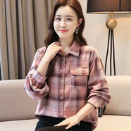 古地斯 格子襯衫女2025新款女裝純棉復(fù)古港味職業(yè)百搭直筒長袖襯衣上衣 粉色 2XL