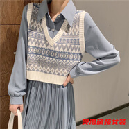 奧洛黛婭針織馬甲女小背心外穿韓版復古短款百搭v領(lǐng)毛衣秋冬季2021年新款 藍色-馬甲背心 均碼 -馬甲背心