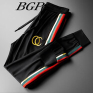 BGP潮牌歐美風(fēng)新款時尚百搭男士刺繡字母拼接運動休閑長褲潮流束腳褲 黑色 5XL