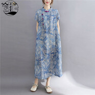 弄堂里民國風(fēng)改良印花旗袍裙復(fù)古盤扣苧麻茶服女中式立領(lǐng)短袖棉麻連衣裙 藍(lán)色 XL 120-140斤