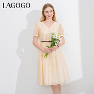LAGOGO【萊賽爾】法式V領(lǐng)連衣裙女拉谷谷夏季新款氣質(zhì)修身裙子 米色(T2) M