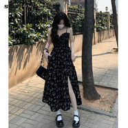 世希大碼純欲辣妹碎花連衣裙女夏季高級(jí)感開(kāi)叉裙子胖mm遮肚顯瘦吊帶裙 黑色 4XL (建議180-200斤)