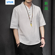 UYUK短袖男冰絲T恤男夏季中國(guó)風(fēng)亞麻短袖寬松棉麻半袖V領(lǐng)五分袖上衣潮牌男裝 7026白色 5XL
