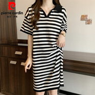 皮爾卡丹（pierre cardin）大碼復(fù)古條紋polo連衣裙女夏季微胖休閑裙子胖mm遮肚子顯瘦t恤裙 黑條紋 L (建議100~120斤)