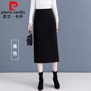 皮爾卡丹高檔品牌女裝毛呢半身裙女秋冬新款感中長款高腰開叉加厚直筒包臀一步裙女顯瘦針織 黑色 2XL