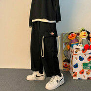 爵少春秋ins工裝褲男潮寬松直筒休閑褲褲子男韓版潮流BF風(fēng)休閑闊腿褲 黑色 XL