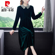 皮爾卡丹輕奢高檔女裝 貴夫人真絲金絲絨連衣裙秋秋款高端法式氣質(zhì)媽桑蠶絲長(cháng)袖打底裙針織 墨綠色 XL