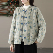 安婭詩(shī)國風(fēng)印花棉衣外套女冬季新款寬松加厚保暖復古盤(pán)扣立領(lǐng)夾棉棉襖 藍花 均碼 (90)