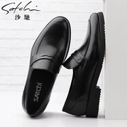 沙馳（SATCHI）男鞋新品皮鞋男簡約套腳商務(wù)正裝鞋頭層牛皮舒適圓頭套腳懶人鞋 黑色 40