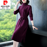 皮爾卡丹百搭中長(cháng)款毛衣裙女秋冬季加絨加厚高領(lǐng)寬松過(guò)膝針織打底連衣裙氣 紫色 M