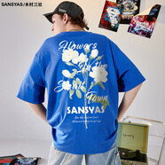 木村三社（MuCunSanShe）山茶花印花夏季黑色男士短袖t恤男潮牌潮流純棉寬松上衣 藍(lán)色/02 L