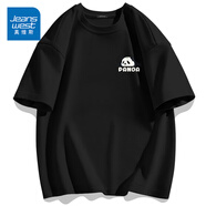 真維斯（Jeanswest）300g重磅純棉短袖t恤夏季圓領(lǐng)五分袖寬松百搭打底衫男女基礎(chǔ)款tee 黑色(熊貓趴胸標(biāo)) L (175) (體重130-150斤)