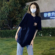 嬌茹妮（JIAORUNI）國潮高街100純棉短袖t恤女夏季ins潮上衣設計感小眾情侶街頭半袖 藏青色（重磅純棉） L