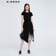S.DEER圣迪奧夏季女裝時(shí)尚百搭圓領(lǐng)收腰拼接撞色連衣裙S21281215 黑色/91 M 165