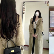 魁熙連帽大衣水毛衣開(kāi)衫女秋冬慵懶風(fēng)中長(zhǎng)款過(guò)膝馬海毛針織衫外套 杏色/面料 S 建議80-90斤