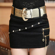 菲尼東爵毛呢拼接PU皮短裙包臀裙2023秋冬季款女顯瘦性感a字裙時(shí)尚 黑色 配送腰帶 S 80-95斤