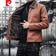 皮爾卡丹（pierre cardin）休閑帥氣皮毛一體男士皮衣毛領(lǐng)外套加厚加絨秋冬季保暖機(jī)車(chē)皮夾克 PY-1117加絨 紅棕色 XL