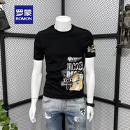 羅蒙（ROMON）歐洲站短袖T恤男潮牌休閑圓領(lǐng)上衣男士時(shí)尚潮流修身印花半袖體恤 黑色 2XL