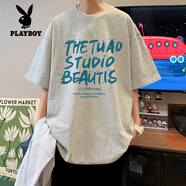 花花公子（PLAYBOY）純棉t恤男生2025新款美式oversize夏季夏天半袖寬松重磅上衣潮牌 淺灰色 【純棉】現(xiàn)貨立發(fā) M 建議【100斤~120斤】