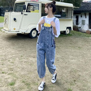 弗依郝小個(gè)子背帶褲八分褲牛仔女夏季韓版寬松減齡洋氣束腳九分連體 牛仔藍單褲 S _80-95斤