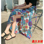 美安嘉傣族裙子女西雙版納民族風(fēng)印花開叉裹裙海邊度假一片式綁帶半身裙 紅藍(lán)圓形-a字半身裙 均碼 系帶腰圍可調(diào)節(jié)-a字半身裙