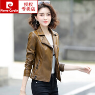 皮爾卡丹（pierre cardin）新款真皮皮衣女短款外套韓版2024春秋時(shí)尚海寧綿羊皮顯瘦機車(chē)夾克 卡其色 XL 105-115斤