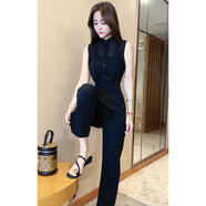 MUKOSHA 慕寇莎2024夏季新款時(shí)尚連體褲高端收腰無(wú)袖氣質(zhì)襯衫顯瘦女人味闊腿褲潮 黑色 S80-95斤