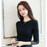 春秋新款莫代爾打底衫女黑色內(nèi)搭長袖T恤薄款百搭蕾絲上衣 黑色(薄款) 2XL (120-130斤)